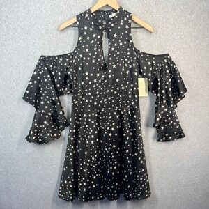 Boston Proper Star Print Cold‎ Shoulder Ruffle Sleeve Mini Dress Black Size 8